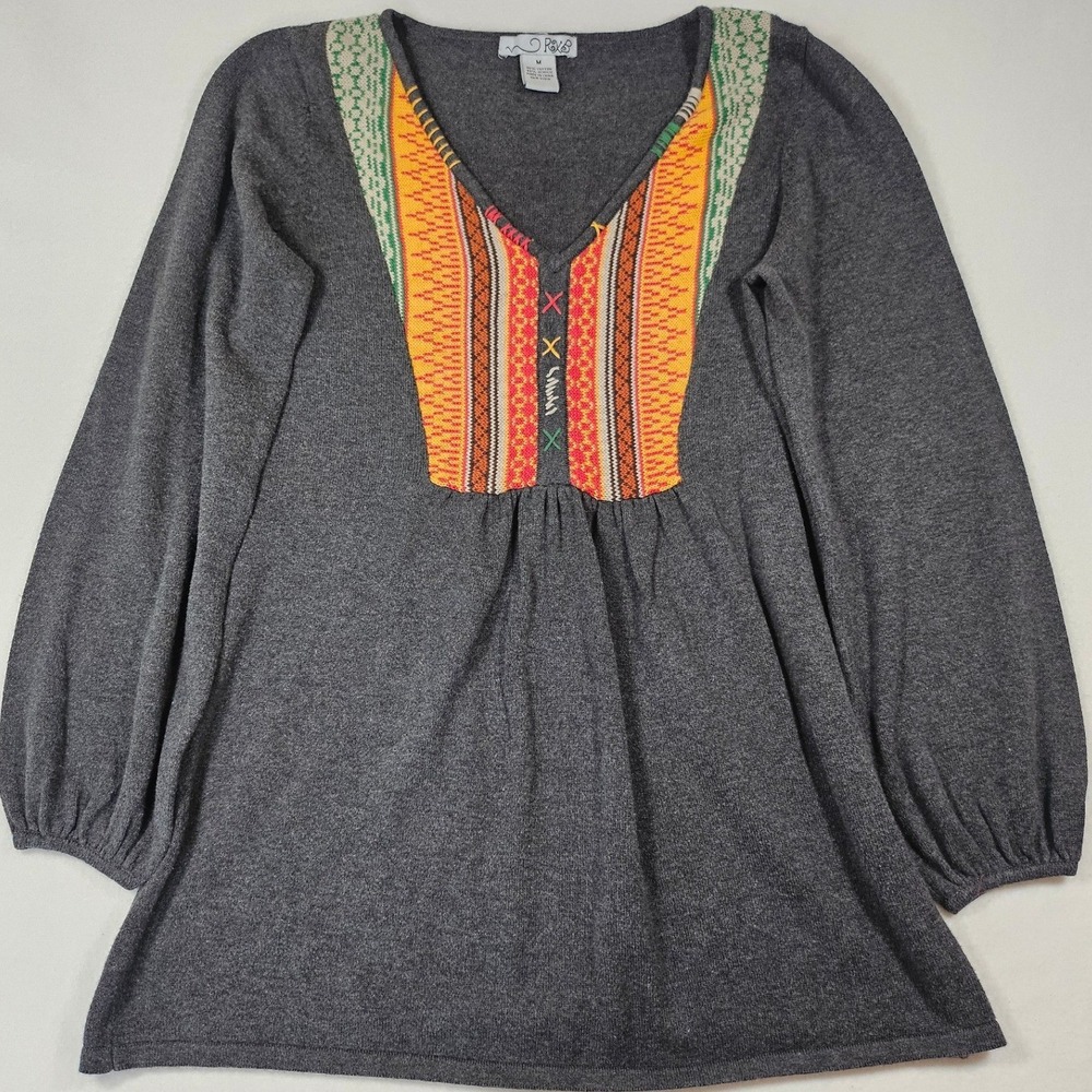 RXB Gray Embroidered V-Neck Babydoll Tunic Sweater Southwestern Boho Top Med